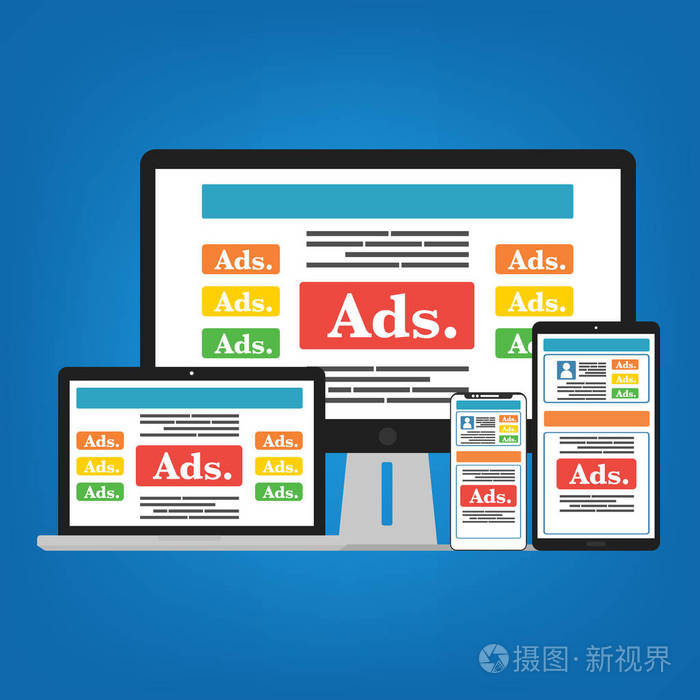 智能手机、 电脑、 笔记本电脑和平板电脑与社交媒体广告网站。矢量图社会广告数字营销概念